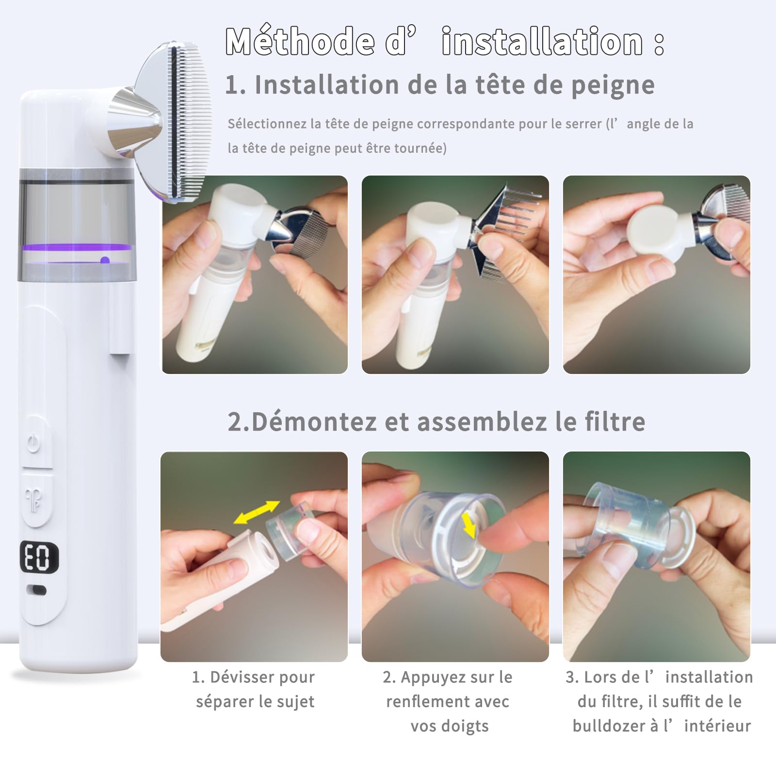 Ricarica Wireless Pettine Anti Pidocchi Elettrico,Portatile Aspirapolvere A Pidocchi,Filtro Riutilizzabile Pettine Anti Pidocchi Adatto A Bambini, Animali Domestici E Tutti I Tipi Di Capelli Prodotto
