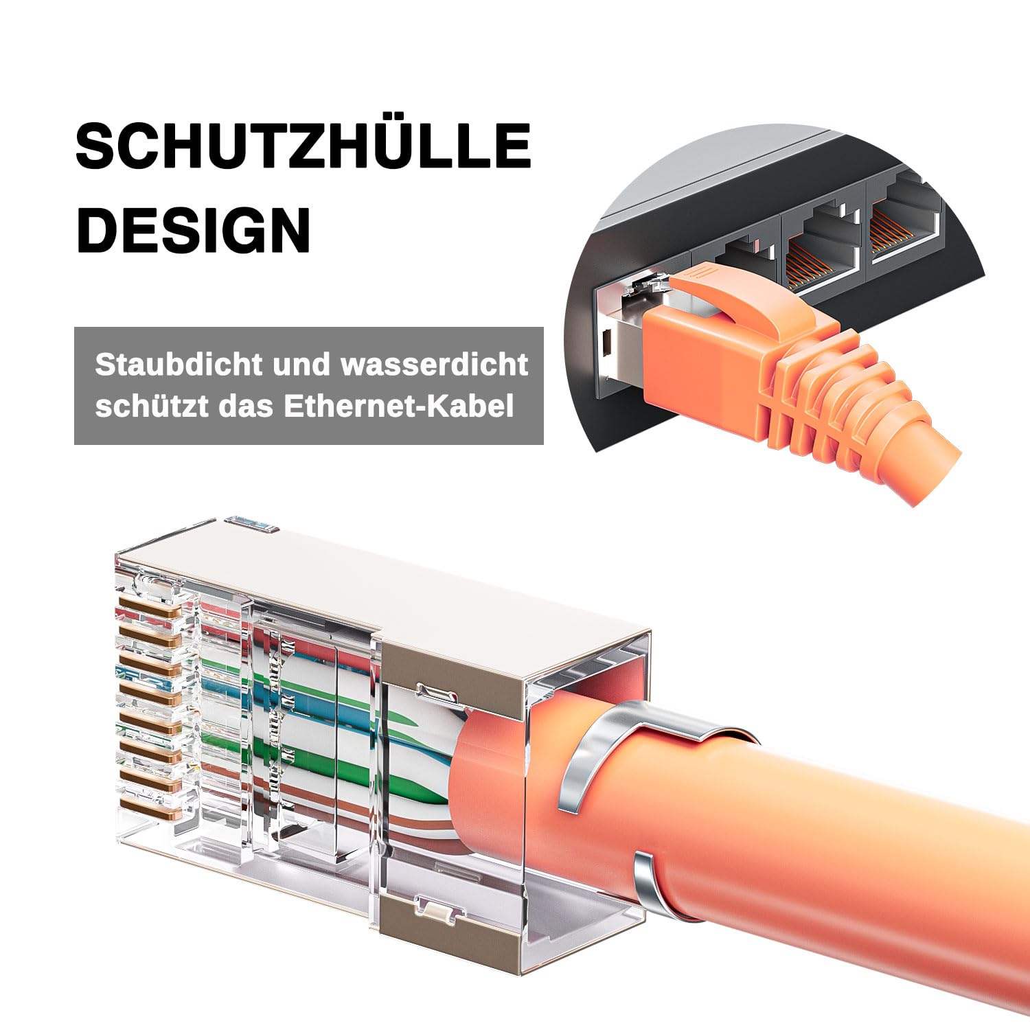 iwillink 100 connettori RJ45 CAT 7, placcati in oro a 50μ - schermati - Pass Through a 10 Gbps, connettori di rete Cat7 Cat6a con ausilio per l'inserimento del cavo e protezione anti-piegatura