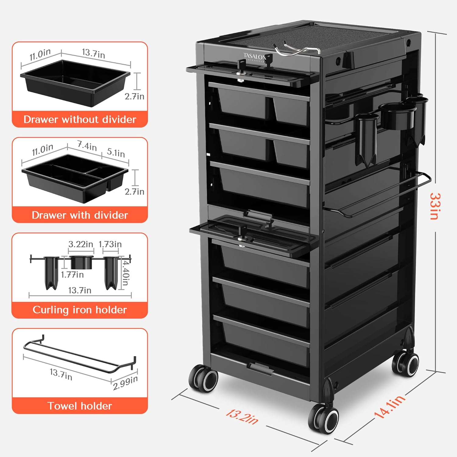 Black Lockable Salon Trolley Cart with 6 Drawers and Tool Holders