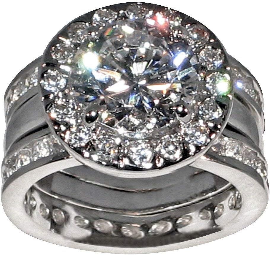 Unique Round-Shape 5 Ct. Cubic Zirconia Cz Bridal Wedding 3 Pc. Ring Set with Eternity Bands (Center Stone is 3.5 Cts.)