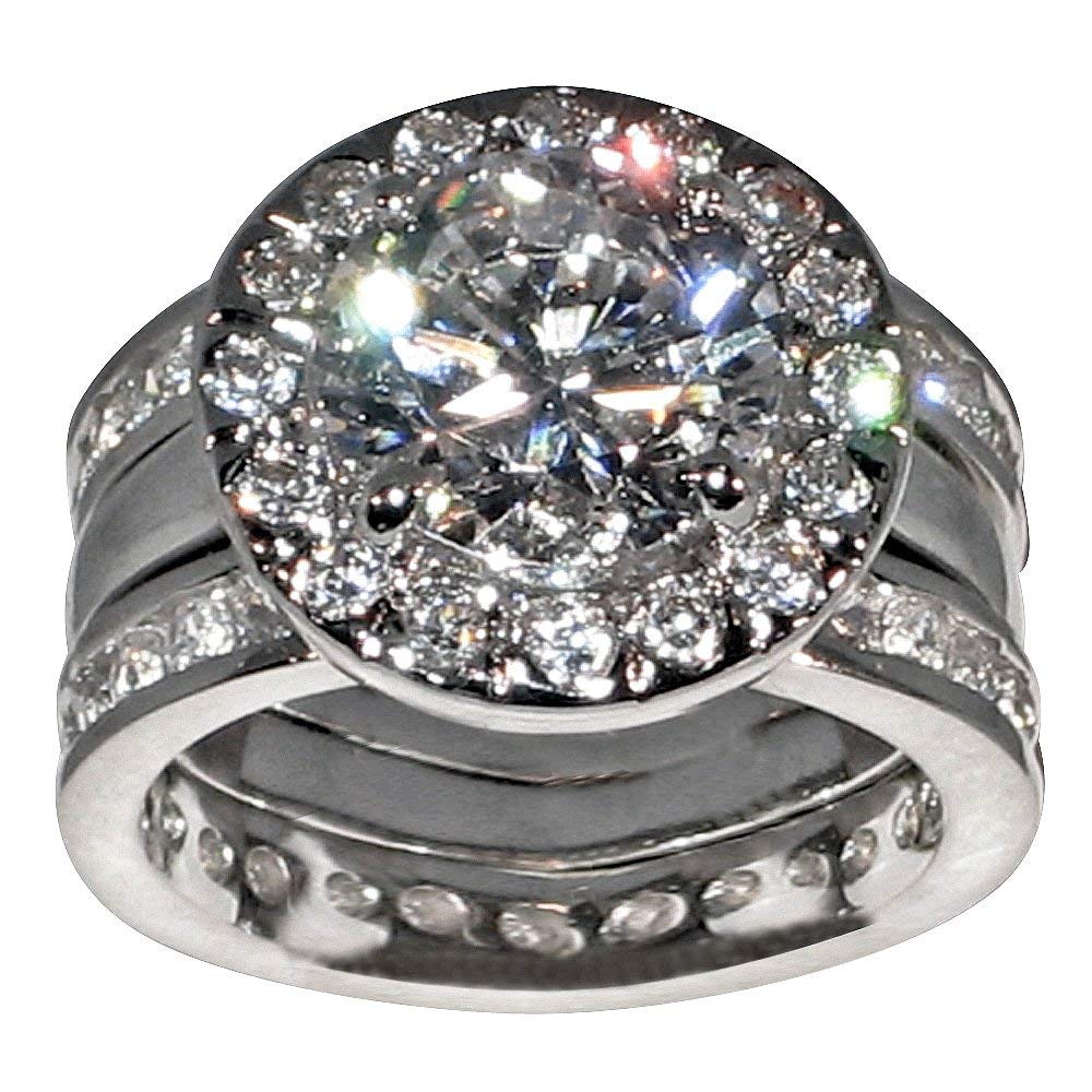Unique Round-Shape 5 Ct. Cubic Zirconia Cz Bridal Wedding 3 Pc. Ring Set with Eternity Bands (Center Stone is 3.5 Cts.)