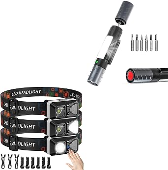LED Headlamp & Car Emergency Flashlight Bundle, Rechargeable Motion Sensor Headlamp with White Red Light 6 Modes, Multi-Function Car Flashlight with Window Breaker Screwdriver, Waterproof for Camping
