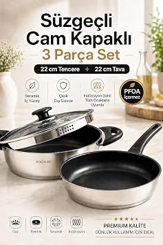 Kochler 3 Parça Çelik Tencere & Tava Seti – 22 cm İndüksiyon Uyumlu, Süzgeç Kapaklı