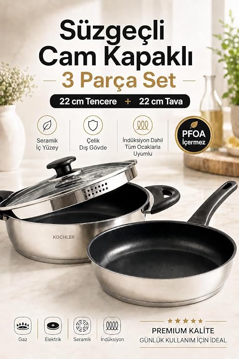 Kochler 3 Parça Çelik Tencere & Tava Seti – 22 cm İndüksiyon Uyumlu, Süzgeç Kapaklı