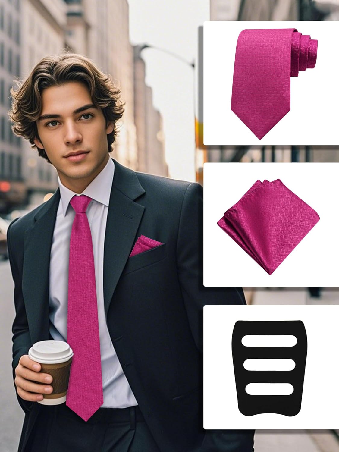Mantieqingway Solid Color Tie Sets for Men Necktie with Pocket Square and Holder Formal Wedding New Year Graduation - Image 4