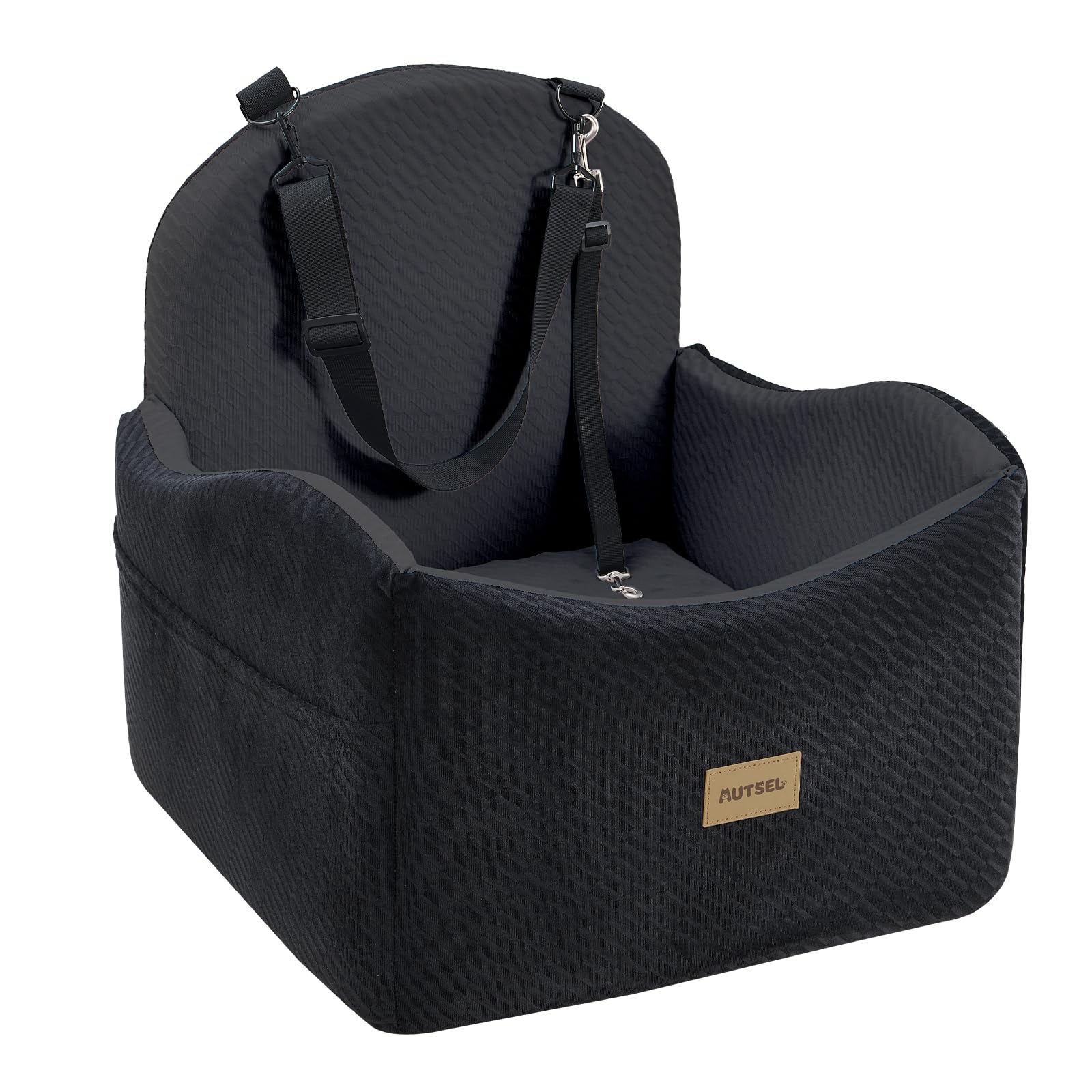 Autsel Dog Car Seat for Medium & Small Dogs – Waterproof & Washable Booster Seat with Safety Belt, Storage Pockets, Non-Slip Dog Bed for Car, Ideal for Back Seat & Front Passenger, Black