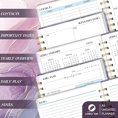 Miniatura 5 de Agenda diaria sin fecha, cuaderno de lista de tareas, cuaderno organizador de citas en espiral para hombres y mujeres, elegante cuaderno diario para