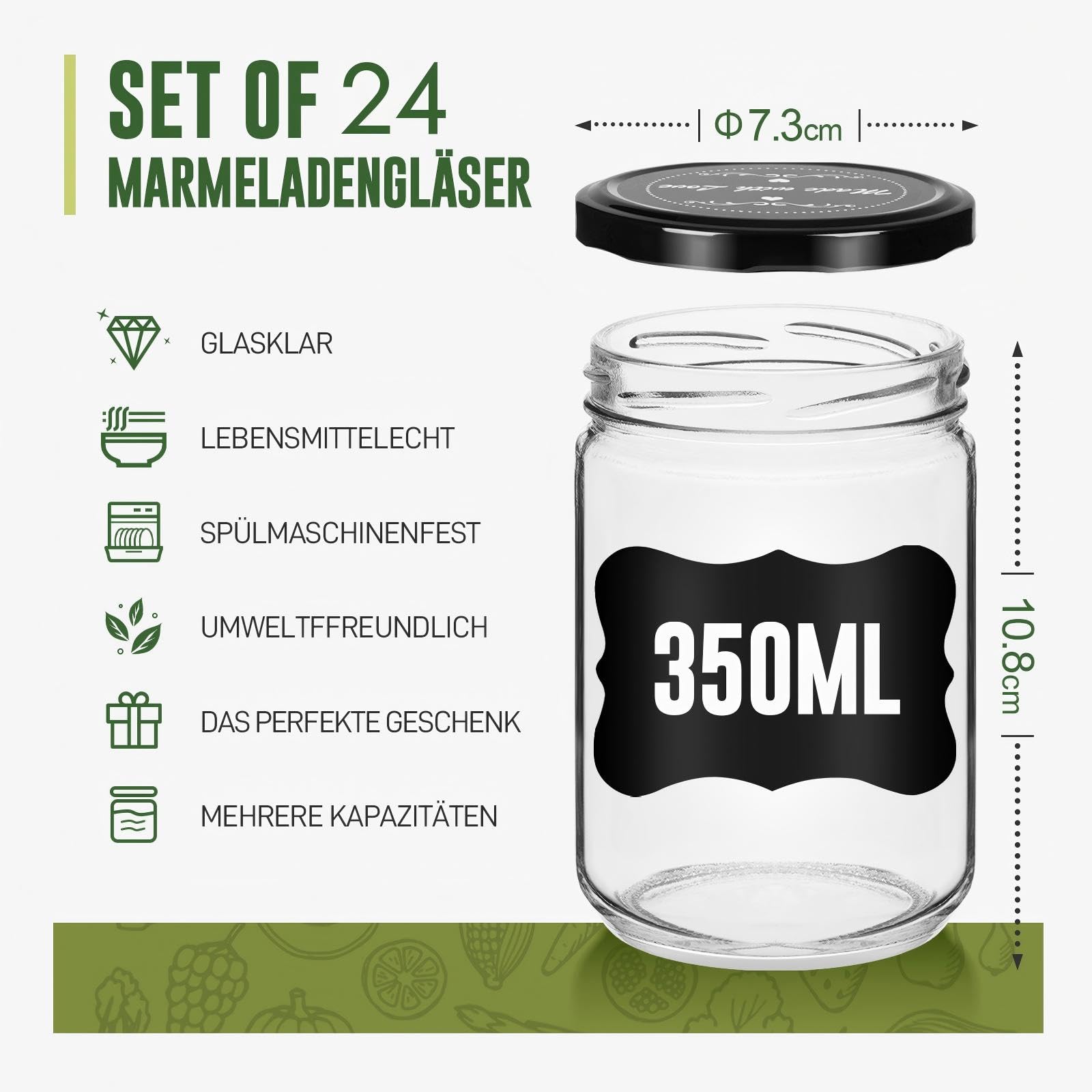 YRHome 350 ML con coperchio, barattoli per marmellata, 24 pezzi, con etichette, penna, spatola, per conservare alimenti, fai da te, regali, decorazioni nere