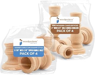 Wooden Candle Cups Country-Style, 1-7/8 inch with 7/8 inch Taper Candle Hole, Set of 4 and Mini Candlesticks 3 inches with 1/2 inch Hole, Set of 4 by Woodpeckers