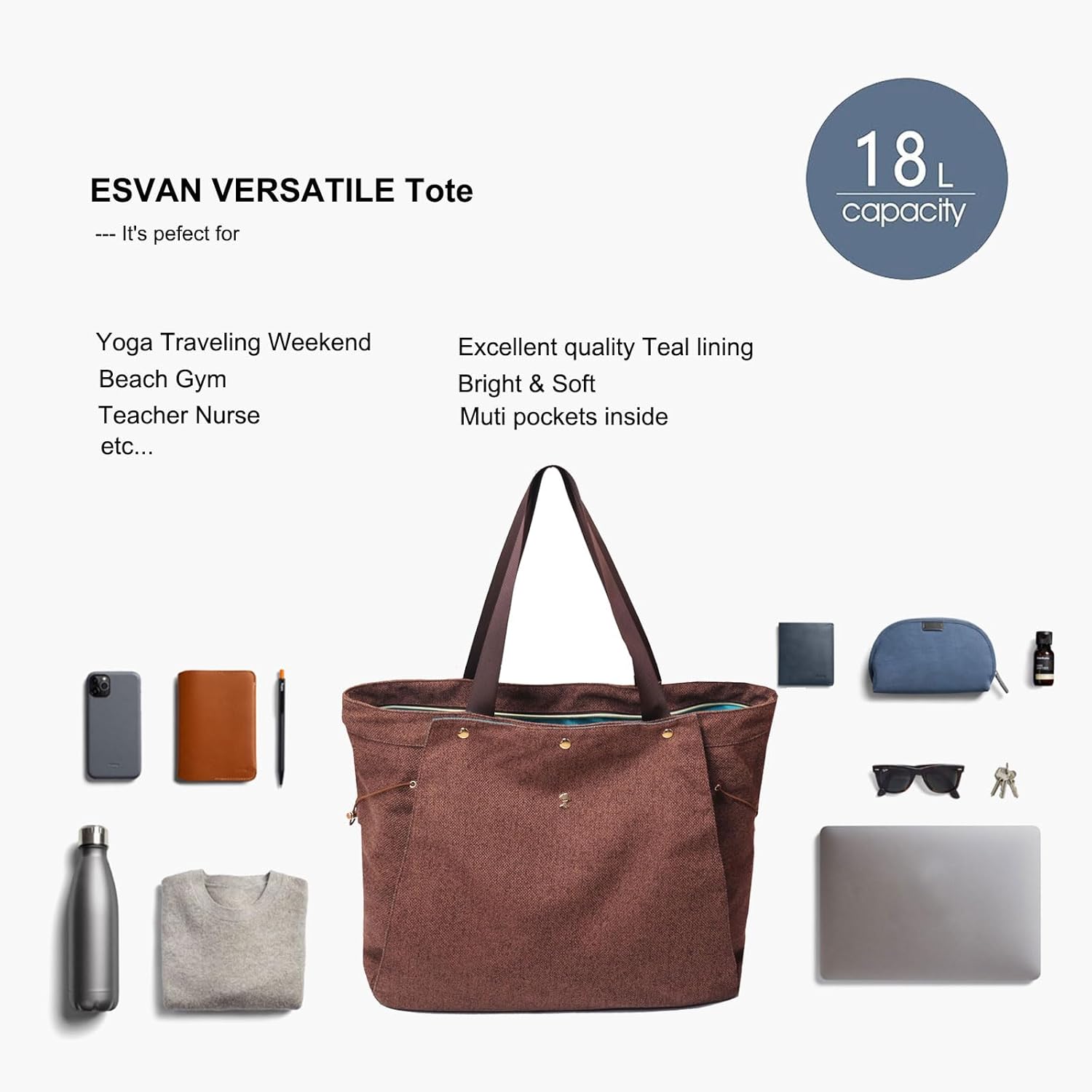 ESVAN Yoga Mat Bag, Gym Bag Tote Bag with Multi Pockets For Women Drawstring Yoga Mat Carrier Pilates Travel Workout Office - Image 6