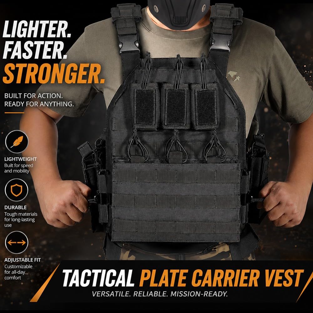 Chaleco Táctico Airsoft,Ajustable con Sistema MOLLE y Liberación Rápida, Chaleco Ligero con Bolsillos Modulares para Entrenamiento Outdoor Senderismo y Paintball