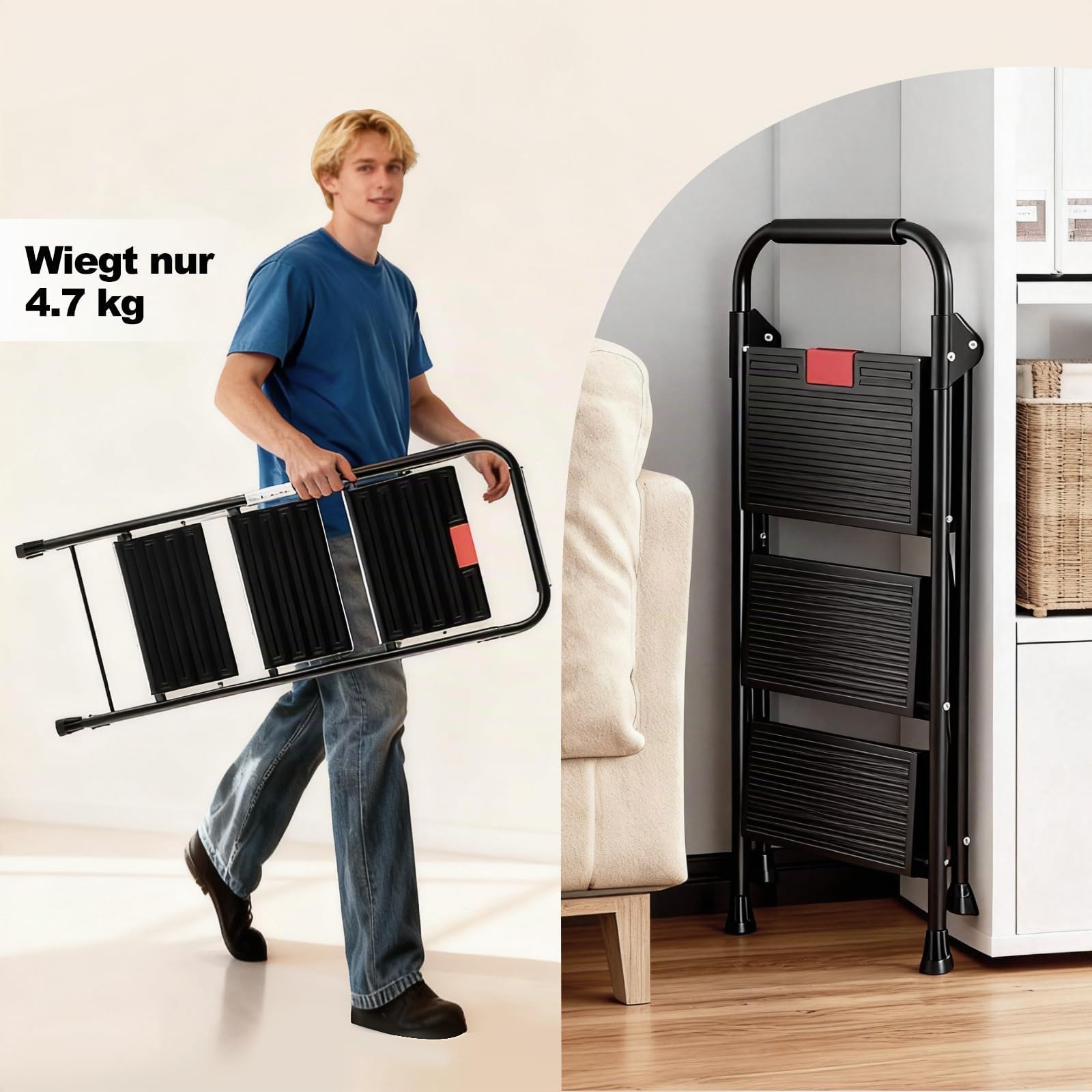 Sweetcrispy Trittleiter 3 Stufen klappbar, Klapptritt für Zuhause, stabile Anti-Rutsch-Leiter mit Handlauf, kompakte & leichte Klappleiter, bis 150 kg belastbar, ideal für Haushalt & Büro, Schwarz