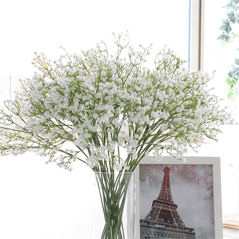 AngelUU 12PCS Long Stem Artificial Baby Breath Flowers Fake Real Touch Gypsophila for Hotel Home Office Kitchen Bathroom Garden Wedding Party DIY Decor,White