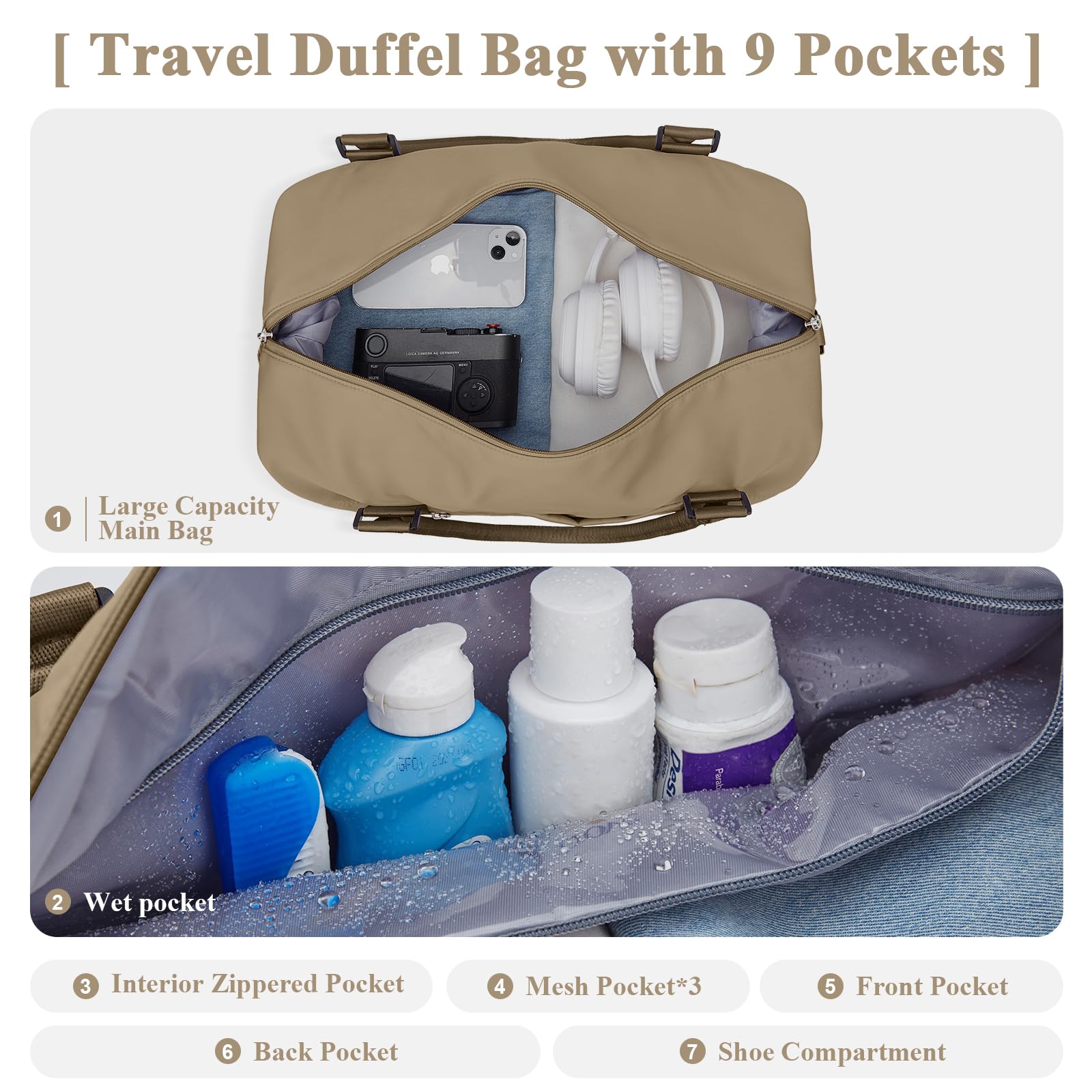 Borsone da Viaggio Donna, 45x36x20 Easyjet Bagaglio a Mano Borsa da Viaggio con Scomparto per le Scarpe, Borsa Sportiva Borsone da Palestra Grande, Borsa da Weekend,Borsa per Ospedale,E11-Cachi