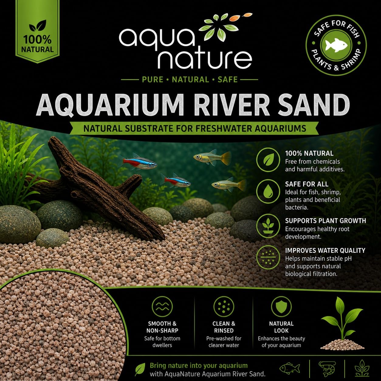 AquaNature® Natural Aquarium River Sand Substrate for Freshwater Aquarium, Terrarium, Planted Tanks, Garden Decor & Terrariums (2kg)-image-1