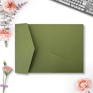 25 Pieces A7 Pocket Invitations (5.12 x 7.09) Trifold Wedding Invitation Cards for 5x7 Invites Wedding Bridal Shower Engagement Birthday Sweet 16 (Matte Olive Green)