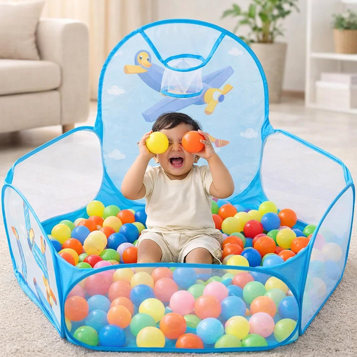 BabyGo Kids Activity Basketball Aeroplane Ball Pool for Kids, Play Tent House for 2+ Year Old Girls and Boys, Ball Pit for Kid, Spacious, Lightweight, Portable & Easy to Set Up (Blue) (No Balls)
