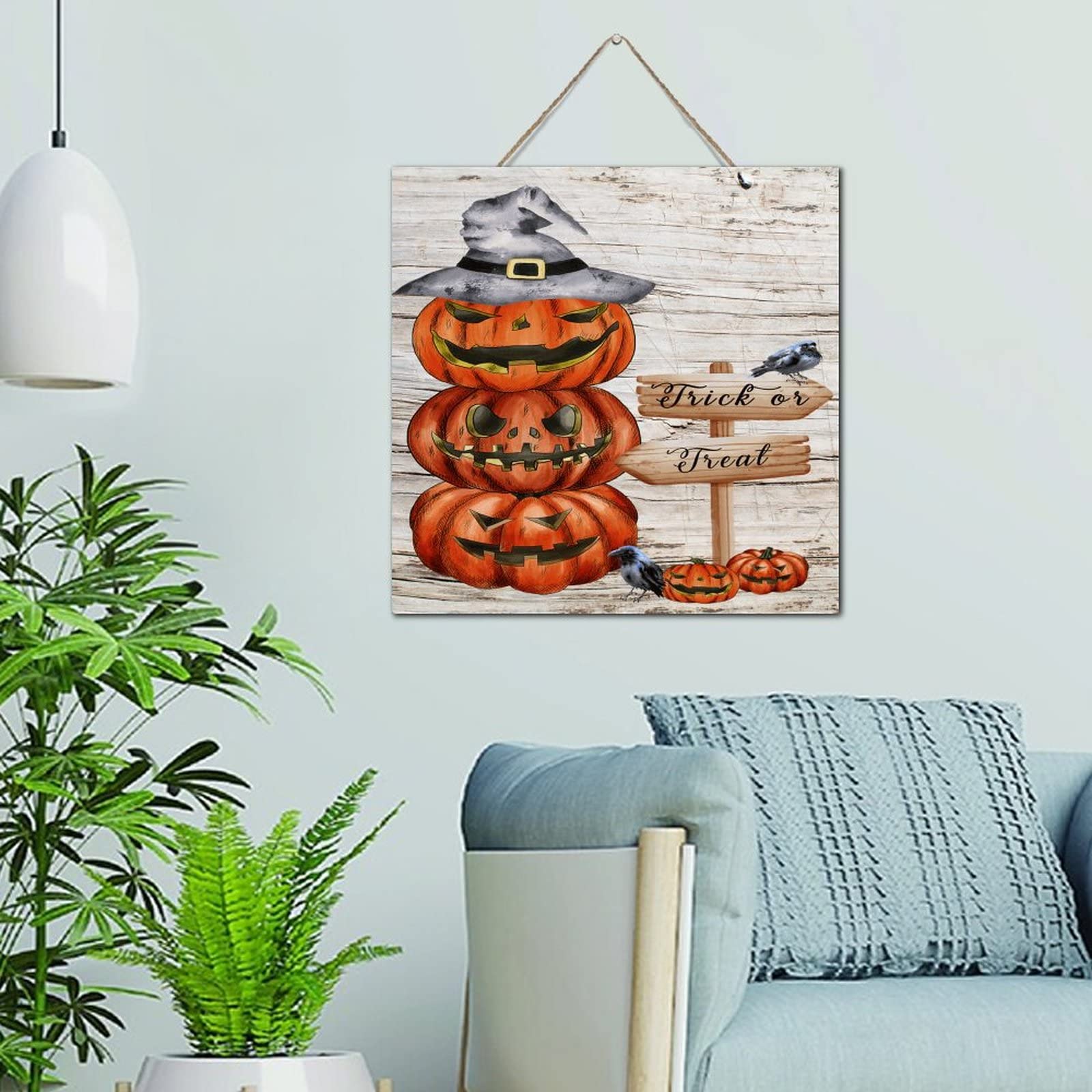 Deco murale chambre Halloween plaque bois suspendre citrouille vintage