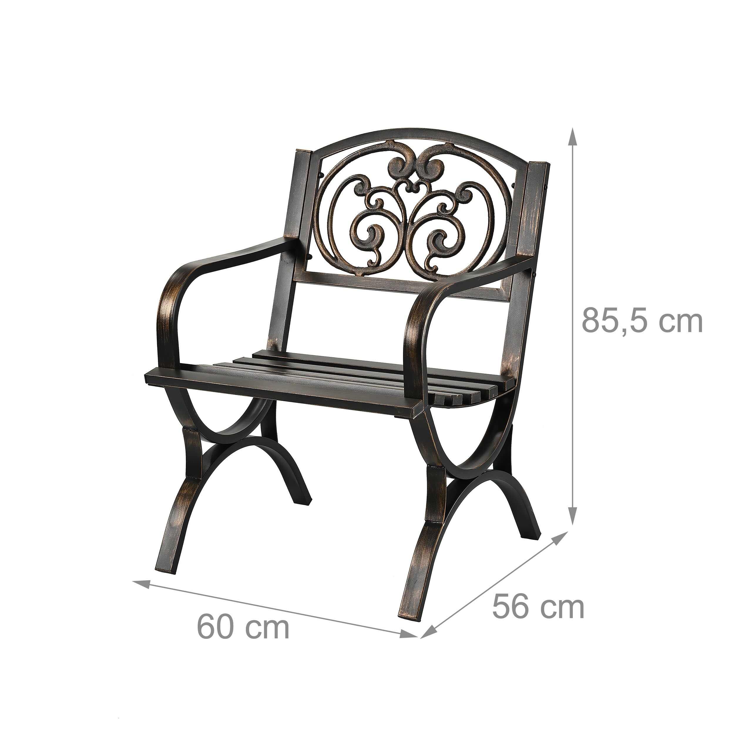 Silla de jardín Relaxdays, con reposabrazos, Extra Ancha, Metal, sillón Vintage, HBT: 85,5 x 60 x 56 cm, Negro/Bronce