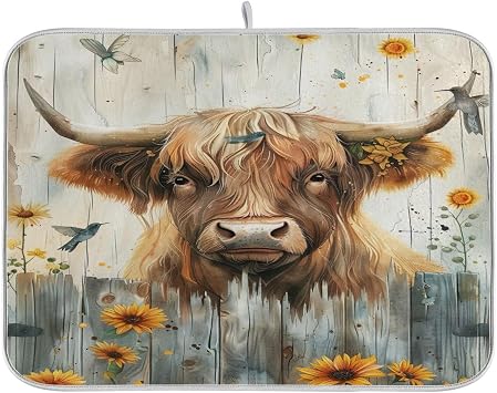 Rustic Highland Cow Sunflowers Birds Dish Drying Mats for Kitchen Counter 16" x 18" Dish Drainer Rack Mat Reversible Quick Drying Coffee Mat Kitchen Counter Mats
