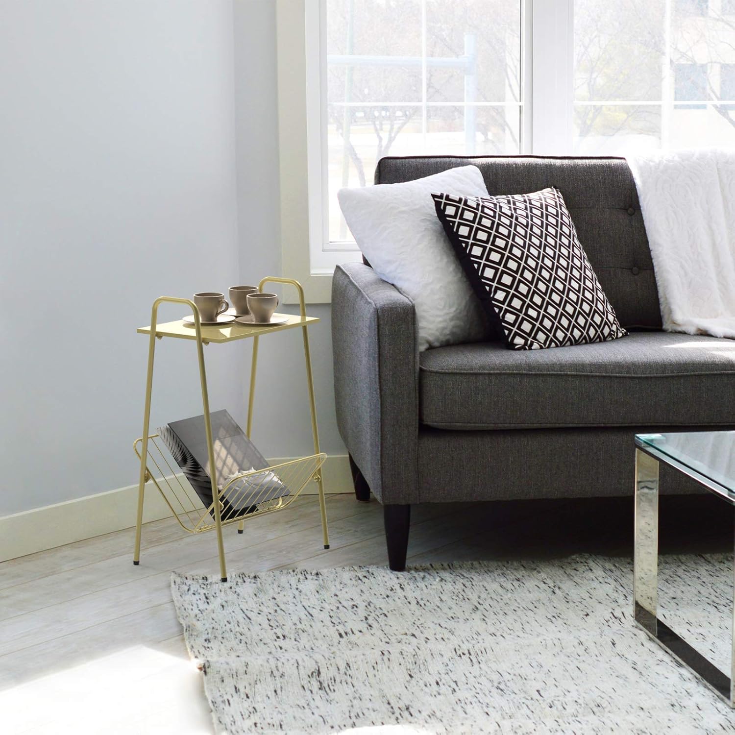 Gold End Table - Modern Small Accent Metal Side Table with Magazine Storage for Record Player Stand, Living Room, ​Farmhouse, Bedside Table - 24in