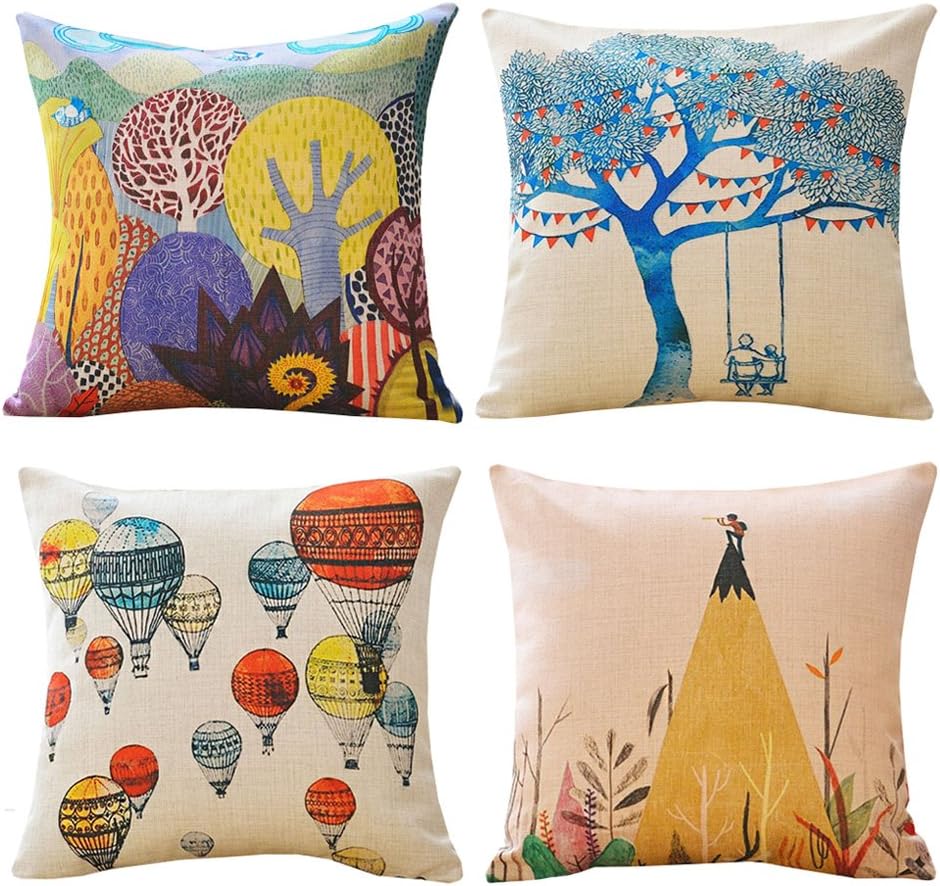 MINA LOBATA Throw Pillow Covers 18x18 Inch Set of 4 Cotton Linen Decorative Cushion Case for Sofa Car Home and Bedroom (Leisure time)