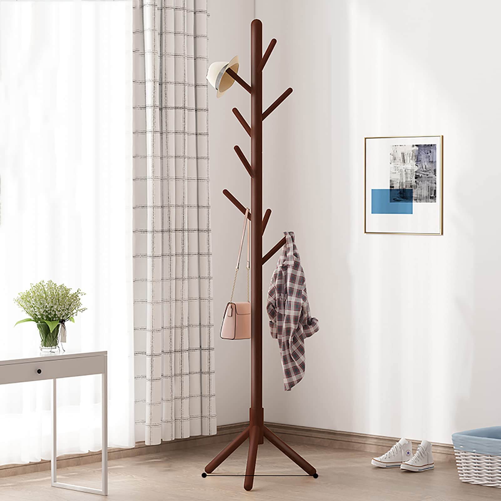 SWENEEN Wooden Coat Stand Coat Stand Coat Freestanding 8 Sturdy Tree Clothes 175Cm,Coffee-175cm