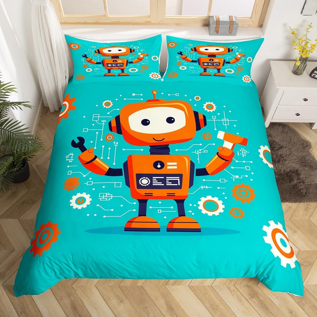 Kawaii Robot Duvet Cover Set Toddler Size Universe Spacecraft Rocket Comforter Cover Cartoon Sci-Fi Robots Bedding Set 2pcs for Kids Starry Galaxy Planet Bedspread Cover,Comforter Not Included