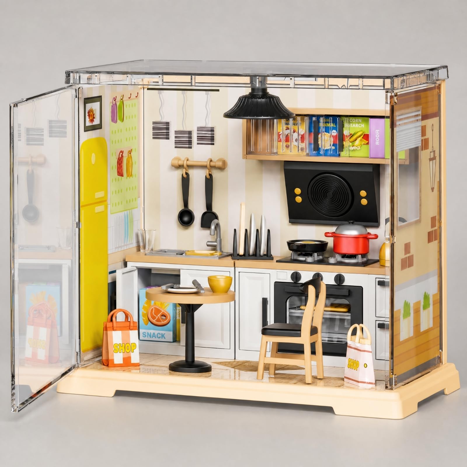 F Fityle Juguete Montaje Cocina Miniatura DIY Escena Cocina en Miniatura con Puerta Abatible Tallado Artesanía para Aficionados a Las Miniaturas