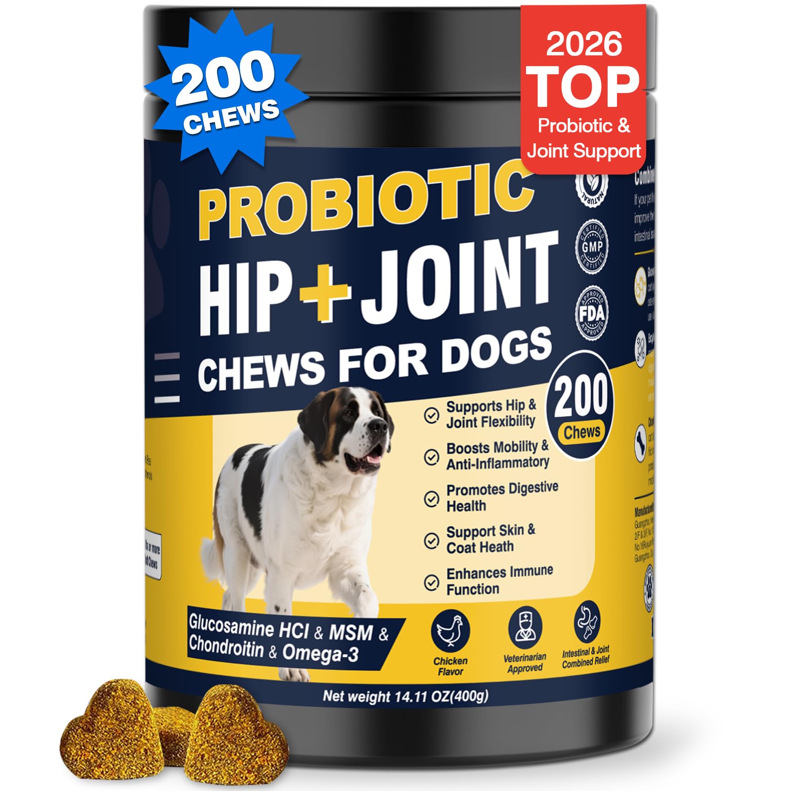 Hip and Joint Supplement for Dogs Dog Probiotics Glucosamine Chondroitin MSM Chew for Dog Arthritis Pain Relief Extend Joint Care, Probiotic for Digestive/Gut Health for Large/Small/Senior Breed Dogs