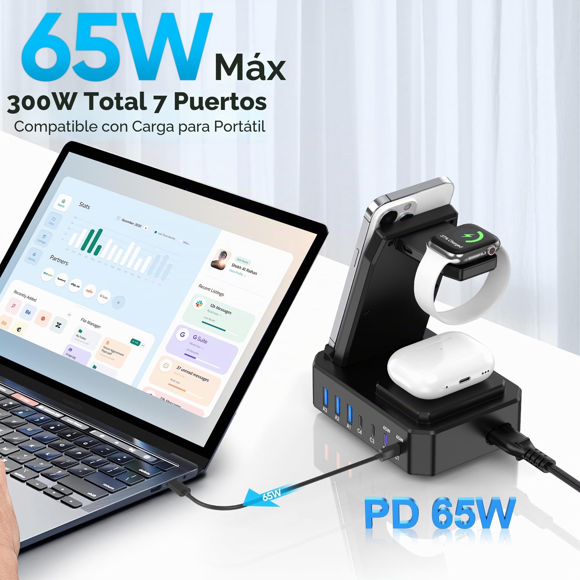 Estación de carga de 300 W para múltiples dispositivos Apple, cargador inalámbrico 10 en 1 para iPhone, GaN III USB C 65W PD base de carga rápida para MacBook, iWatch y Airpods (carga inalámbrica solo