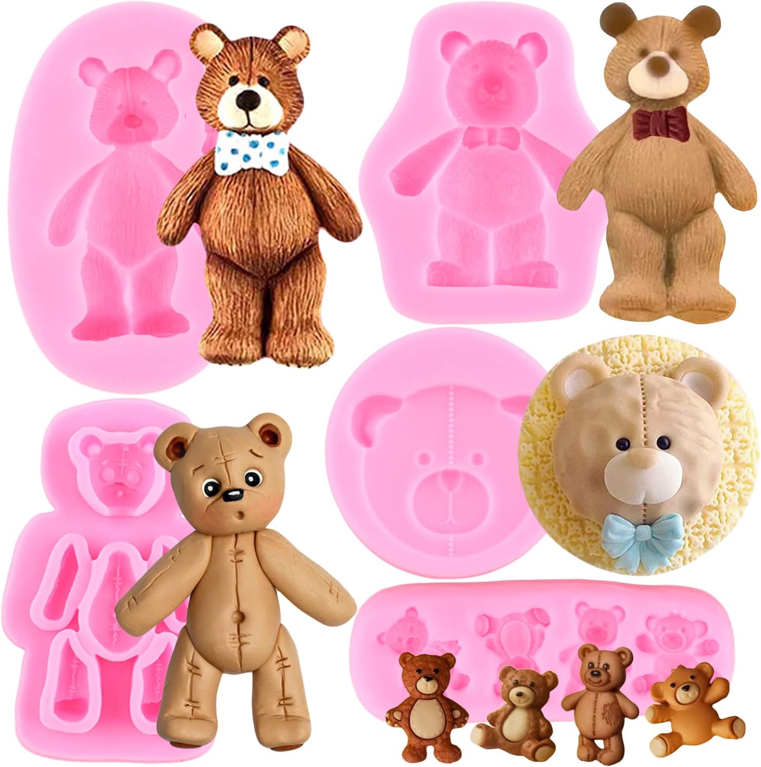 RFGHAC Bear Silicone Fondant Molds For Cake Decorating Candy Chocolate Gum Paste Crafting Polymer Clay Set Of 5