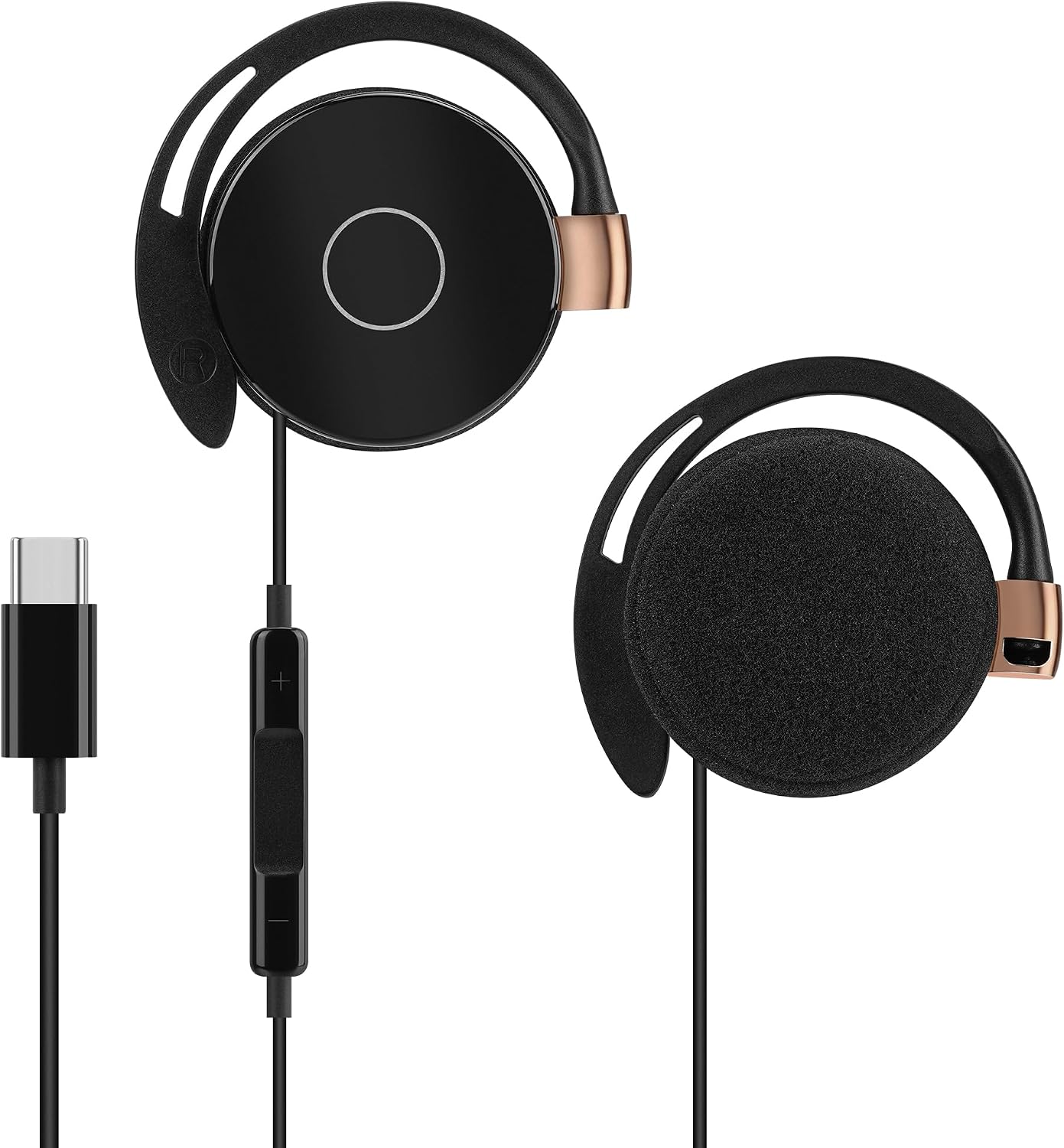 GEEKRIA Wired Clip On Ear Headphones with Mic, USB-C Hook-On Earbuds, Call Control, Lightweight & Hair-Friendly, Compatible with iPhone and Android Devices (Black / 3.9FT)