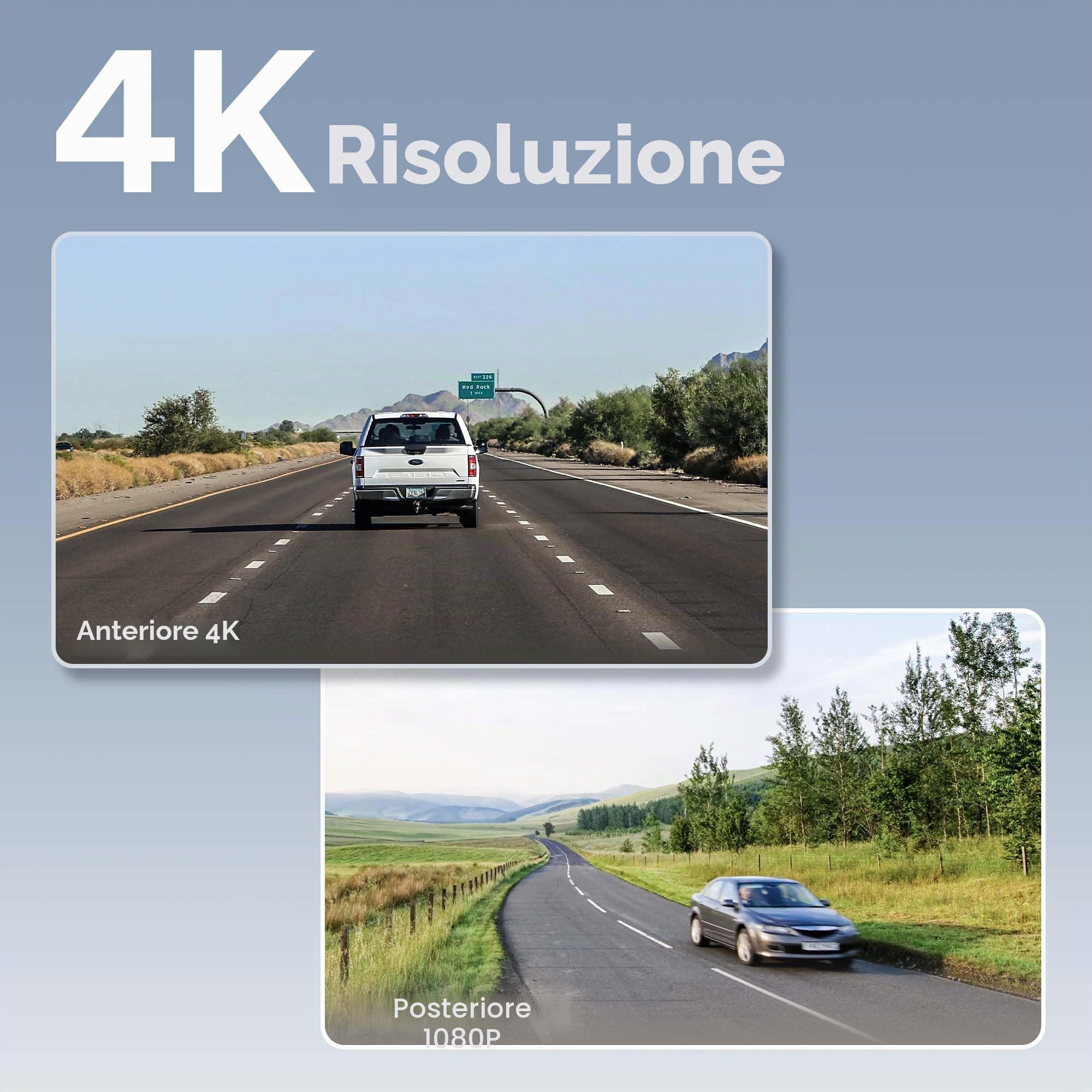 WOLFANG Doppia Dashcam, Dash Cam Auto 4K Full HD WiFi Telecamera con Pantalla Táctil IPS da 3", 24H Monitor di Parcheggio, Visione Notturna,WDR, G-Sensor,Registrazione in Loop, Max 256G