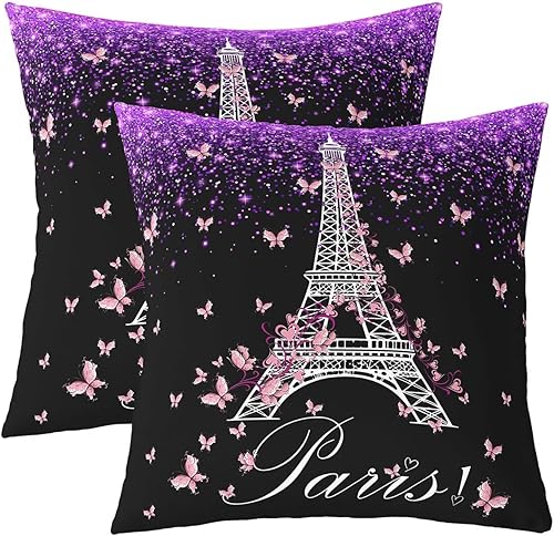 Feelyou Juego de 2 fundas de almohada de la torre Eiffel de 18 x 18 pulgadas, fundas de almohada decorativas con purpurina suave para decoración de