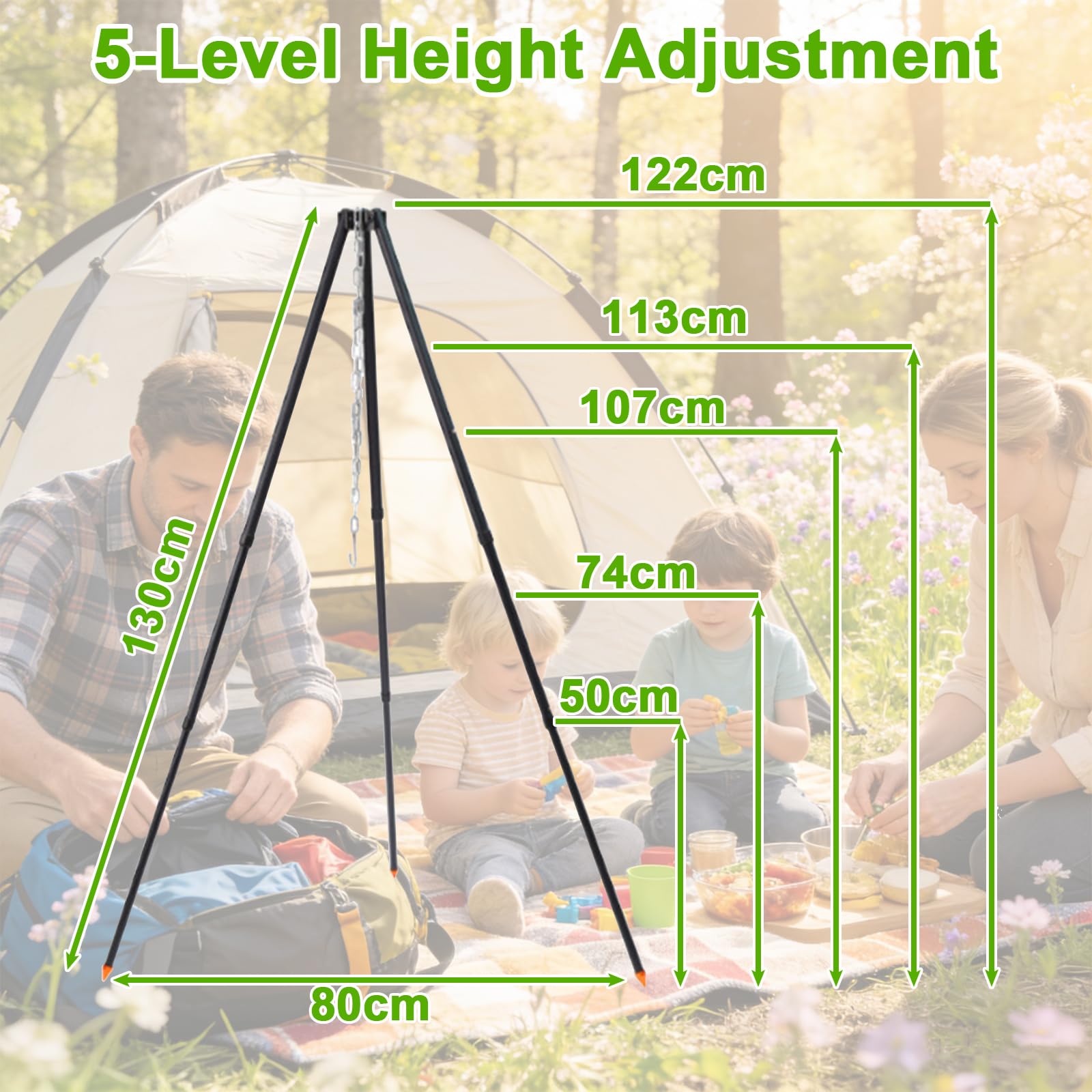 Schwenkgrill 5 Höhenverstellbare Einstellungen, Aluminiumlegierung Dreibein Grillgestell, Hängegrill mit Kette und Tragetasche, 122cm Tripod Grill Stand für Outdoor BBQ Camping