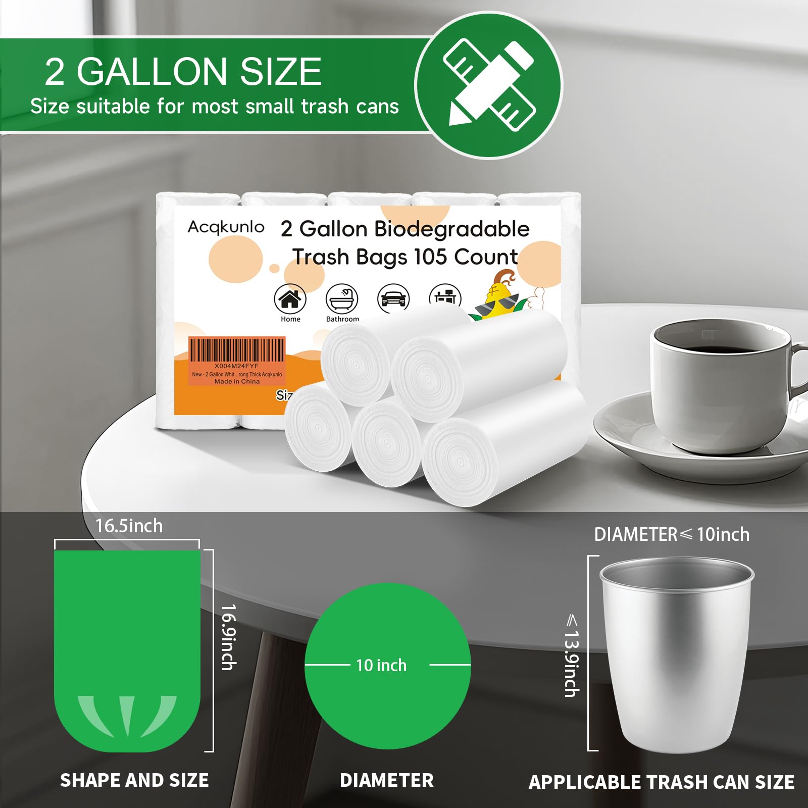 Bolsa de basura pequeña biodegradable de 2 galones, mini bolsas de basura para baño, cocina, oficina, coche, 105 unidades, 7.5 L, sin perfume, compostables, a granel, fuertes y gruesas Acqkunlo