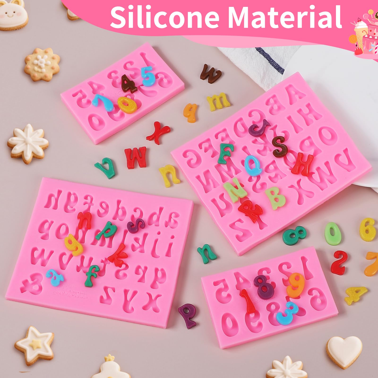 Moldes de silicona para fondant, moldes de chocolate, números 0-9 y 26 letras, moldes de silicona para decoración de tartas/cupcakes, galletas y postres (paquete de 4)