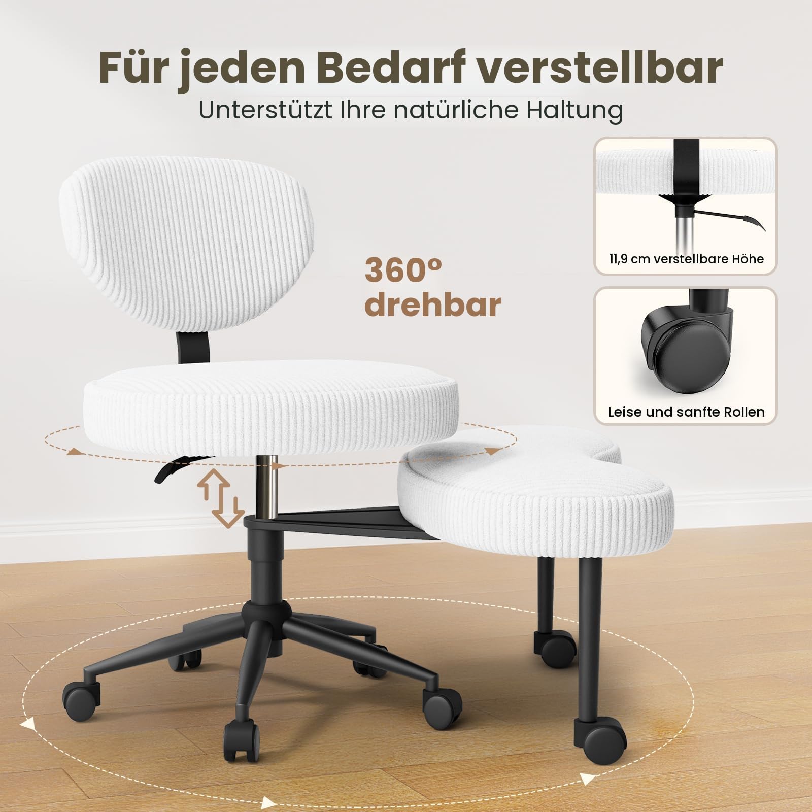 HOMRELEXA Bürostuhl mit Kreuzbeinen, 360° drehbar, Ergonomischer Kniestuhl, Criss Cross Schreibtischstuhl mit Verstellbarer Höhe, ADHS-Meditationsstuhl mit Rückenstütze, Cordstoff, Weiß
