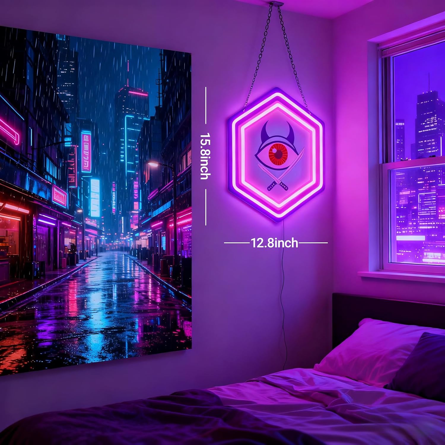 Demon Hunters Movie Neon Sign - Purple Pink Diamond Dagger Eye Wall Light, Brithday Decorations, Dimmable, USB Powered Gaming Room Decor for Bedroom