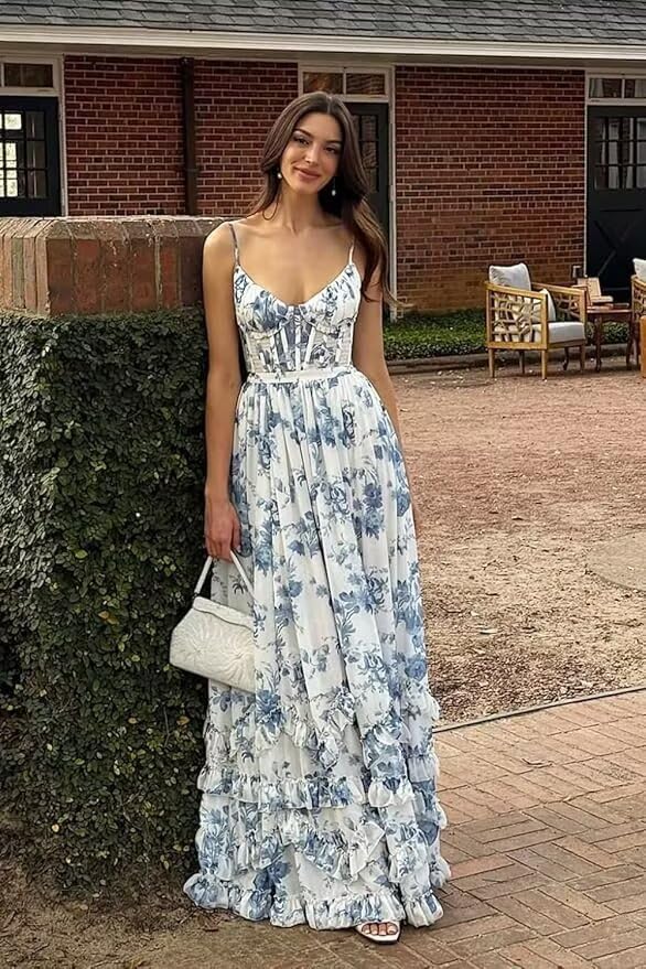 Women's Chiffon Bridesmaid Dresses with Slit 2025 Floral Printed Spaghetti Straps Formal Evening Dress DE4963