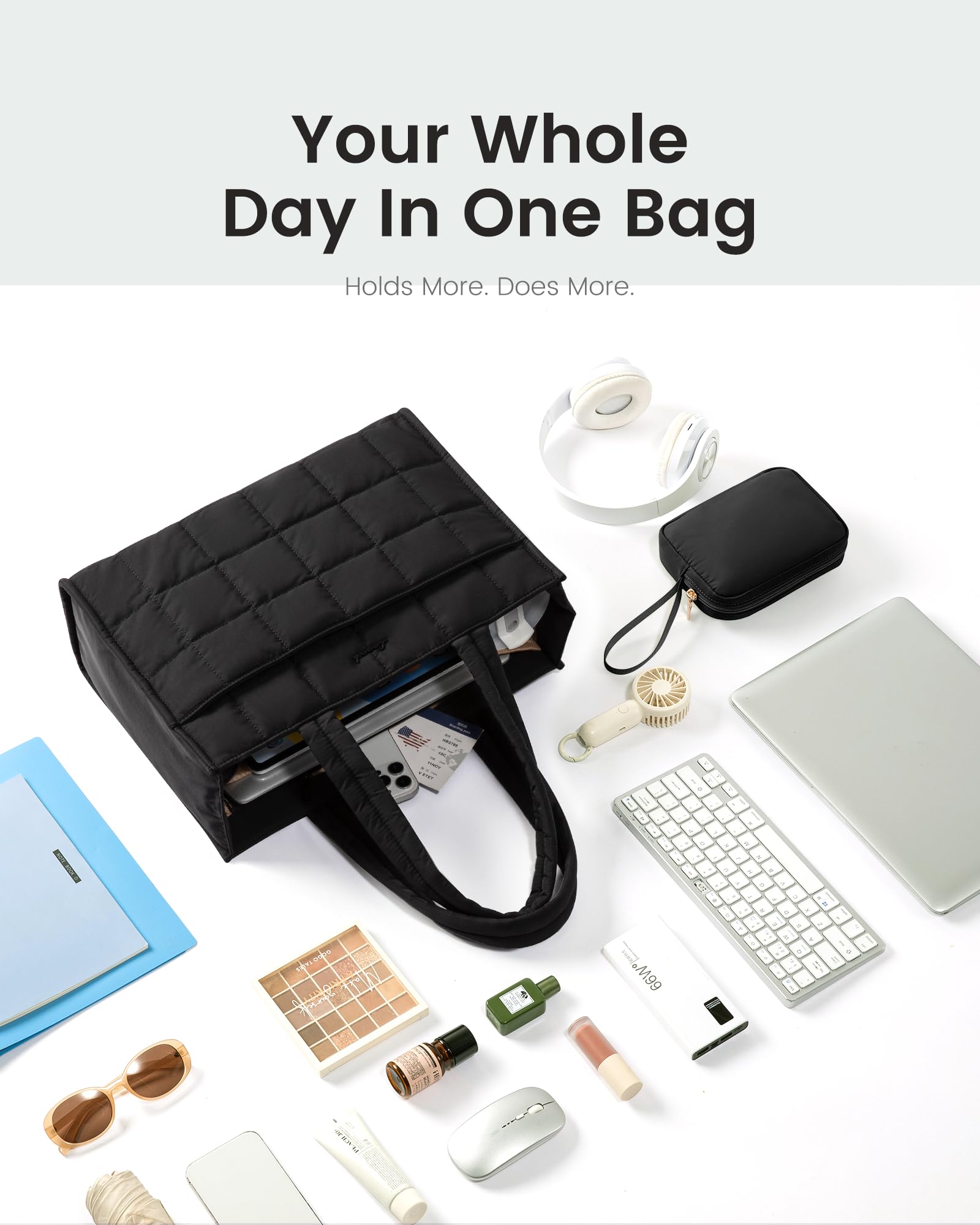 LOVEVOOK Tote Bag for Women, Puffer Work Handbag 15.6 Inch Laptop Purse for Nurse Teacher, Large Quilted Travel Tote Shoulder Bag with Zipper for College Office Clinical Gym, Black