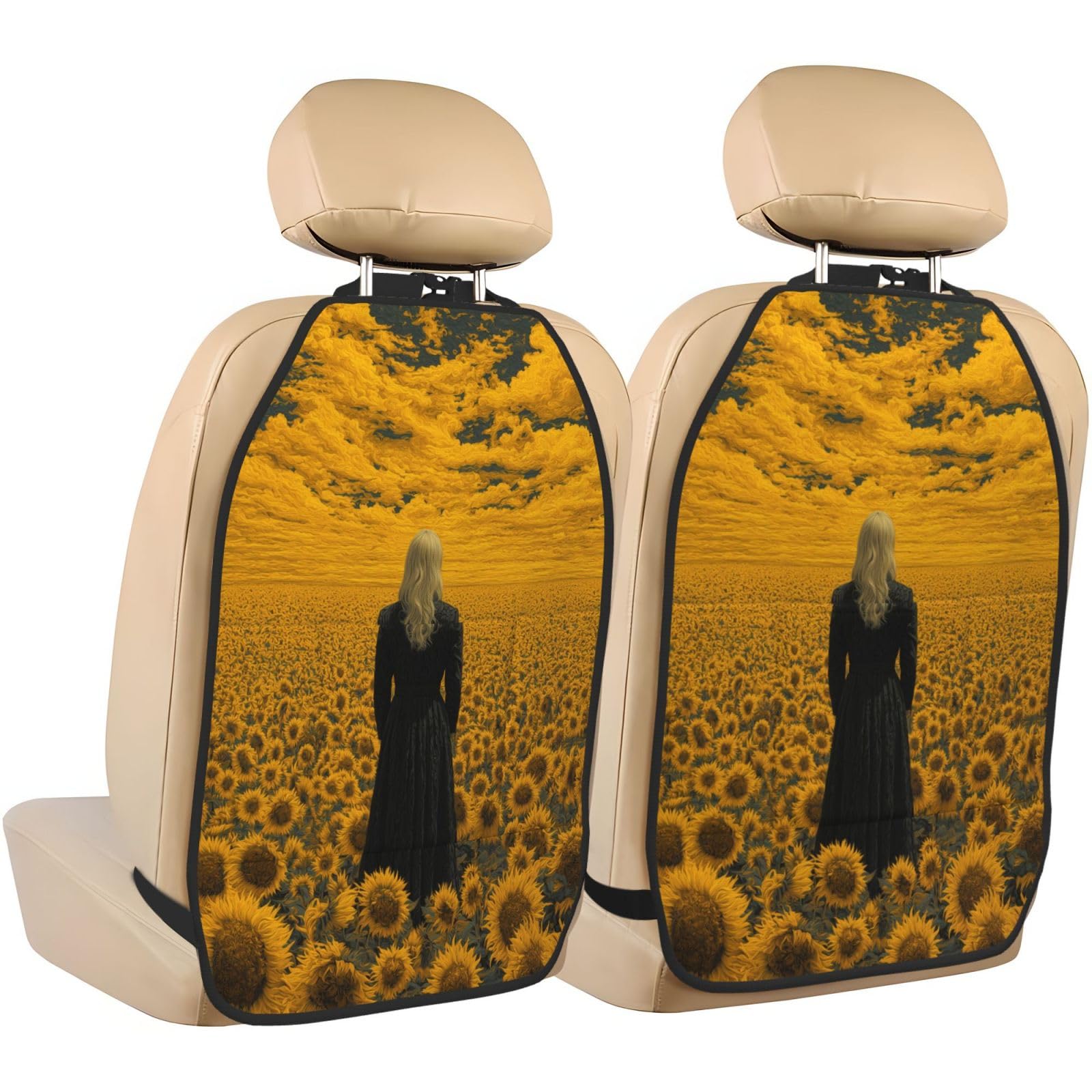 Blonde Hair Woman In Sunflower Field Car Seat Back Kick Protectors,2 Pack Kick Mats With Storage Pockets For Vehicles To Protect From Dirt Mud Scratches