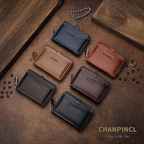Miniatura 6 de CHANPINCL Cartera de cuero genuino con cremallera RFID segura de gran capacidad para hombres y tarjetas de extracción, Cuero curtido vegetal marrón,