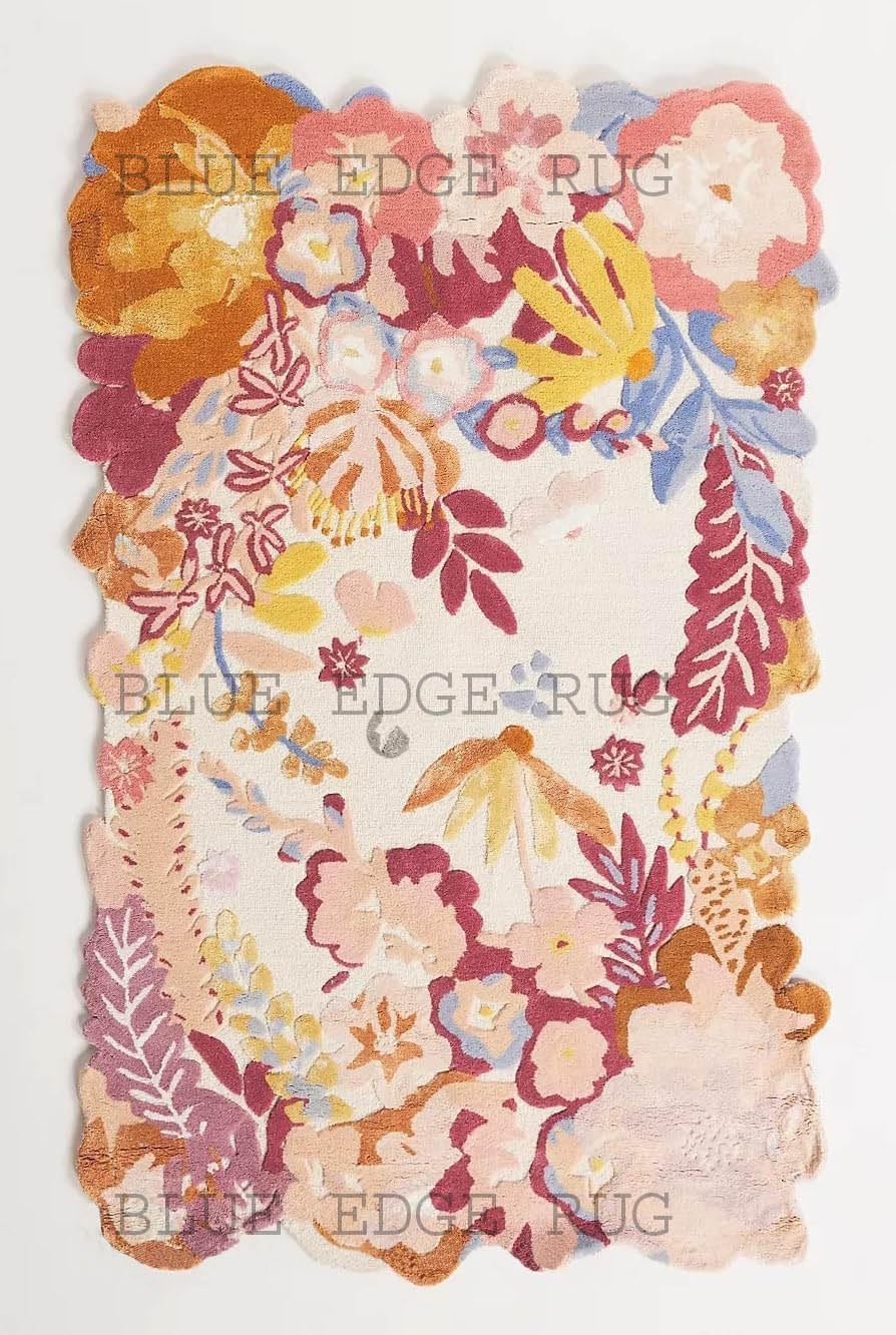 Blue Edge Rug New Tufted Jardin Rug Handmade Flower Multicoloured Irregular Area Rug 100% Imported Blended Wool Floral Area Rug. (White, 8x10 feet)