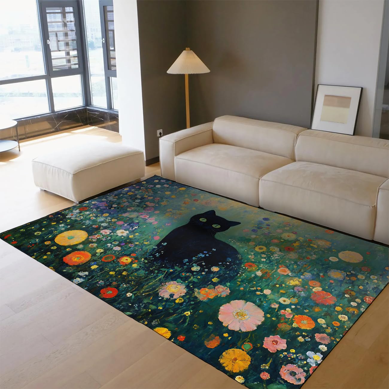Paillasson Chat Noir et Fleurs Sauvages 120x180 cm Grand Tapis Intérieur Lavable et Antidérapant