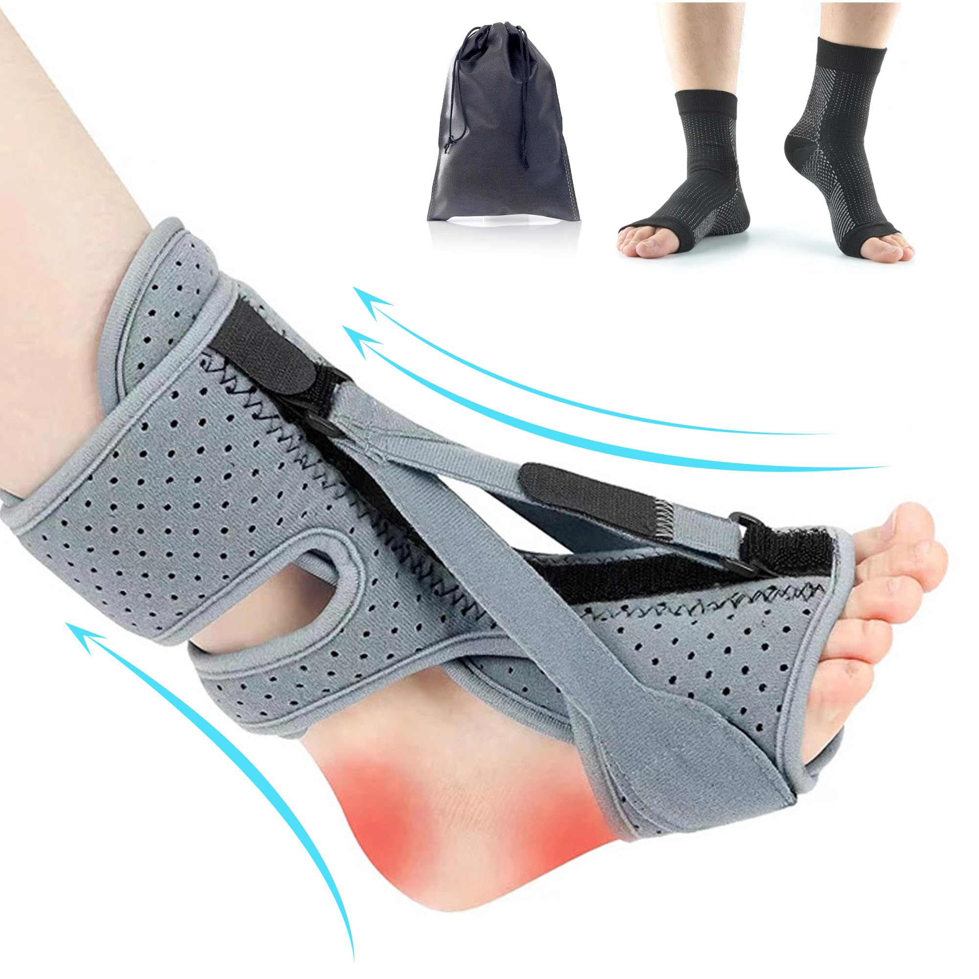 Plantar Fasciitis Relief Kit, Night Splint with 3 Adjustable Straps and Fasciitis Socks, Pain Relief for Foot Drop, Heel Spur, Achilles Tendonitis Day&Night, Comfortable Brace for Women & Men (Gray)