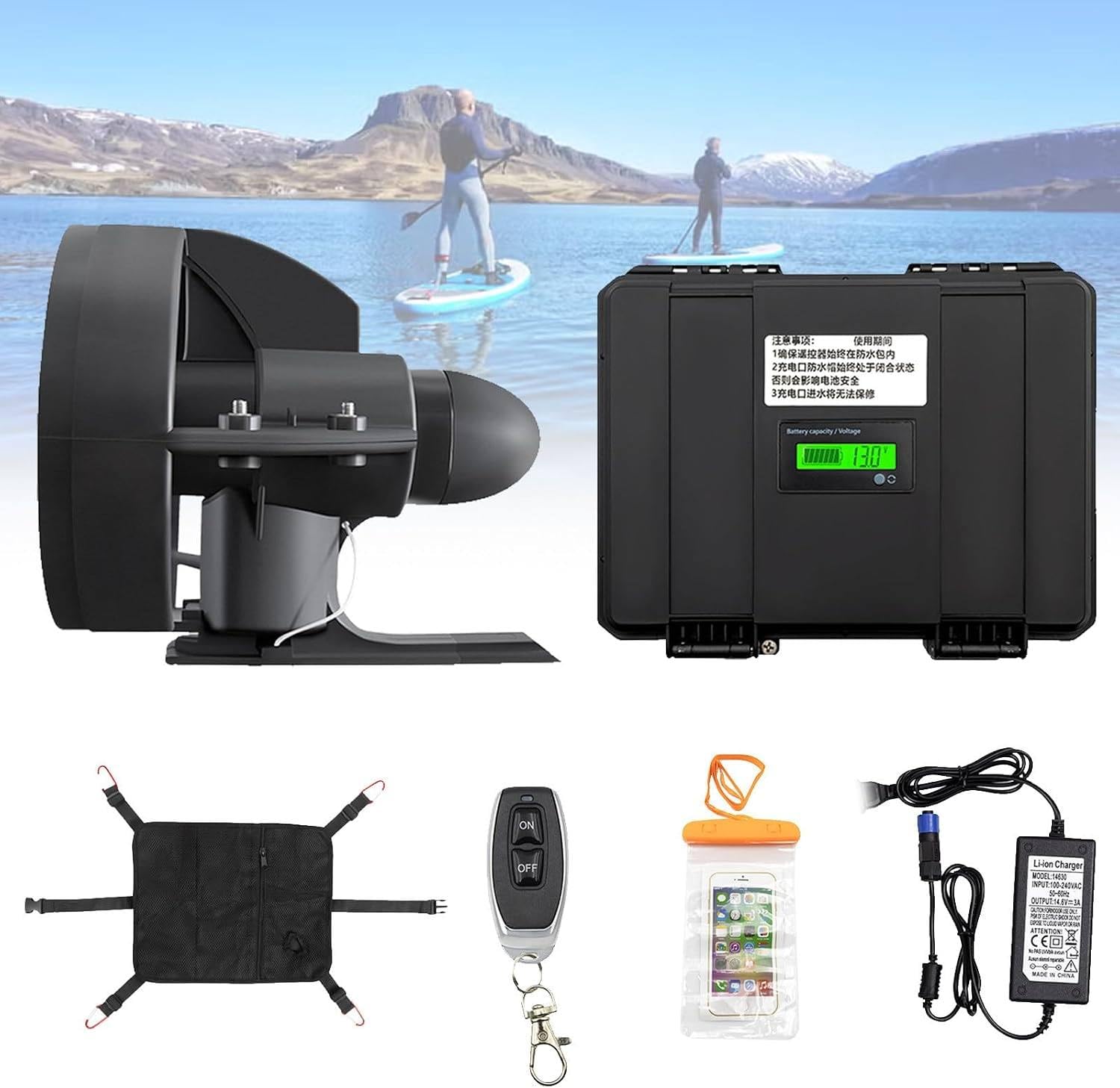 Motor con Aleta Eléctrica para Bote Hinchable y Canoa D180 | Para SUP y Kayak, 216/288Wh, Velocidad 3-5 km/h, Autonomía Baja Velocidad 2,5 h, Alta Velocidad 45 Min