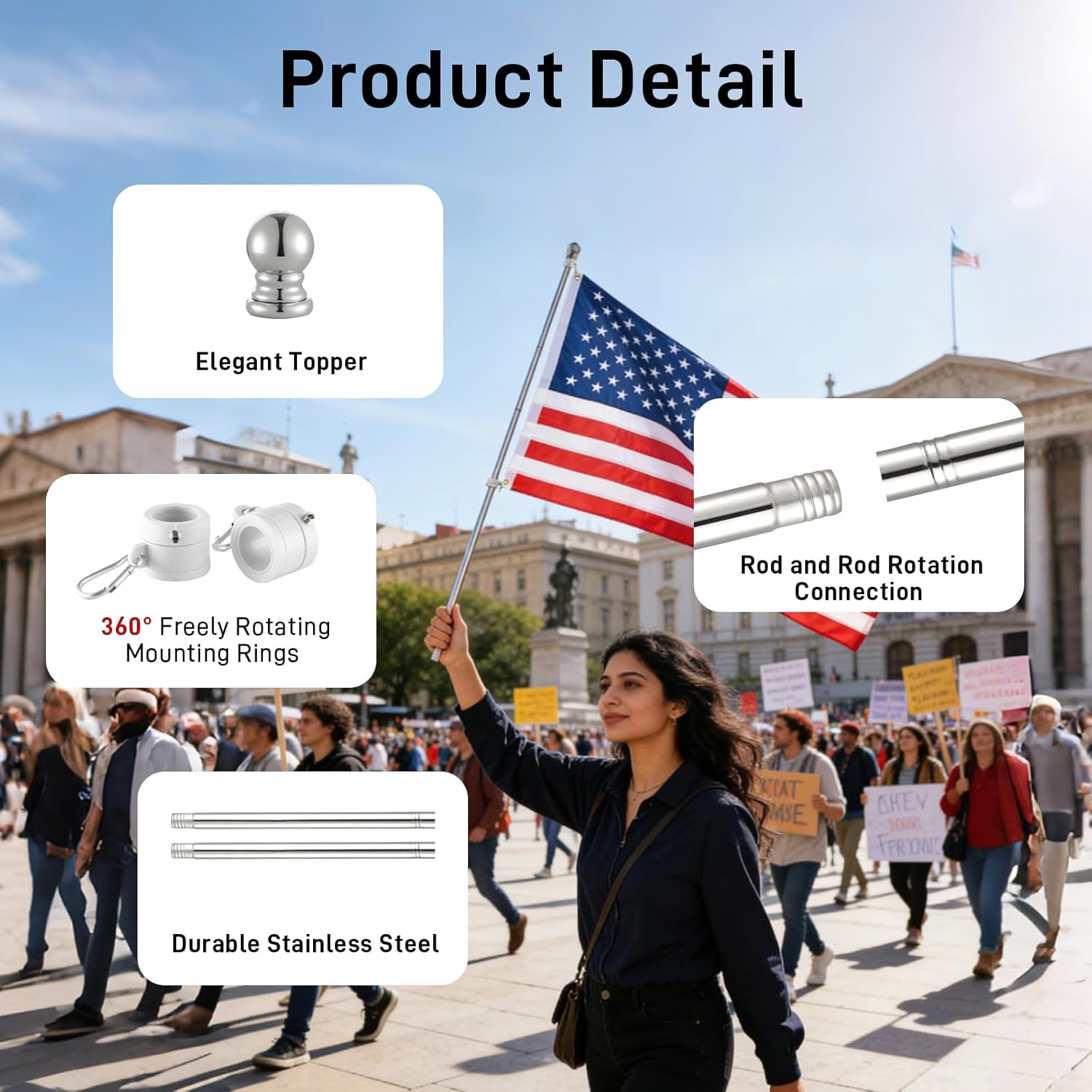 American Flag with Pole Kit for Outside House - 6 FT Silver Stainless Steel Flagpole, 3x5 Embroidered US Flag & Wall Mounting Holder Bracket, No Tangle Spinning Flag Pole Kit for Outdoor Porch