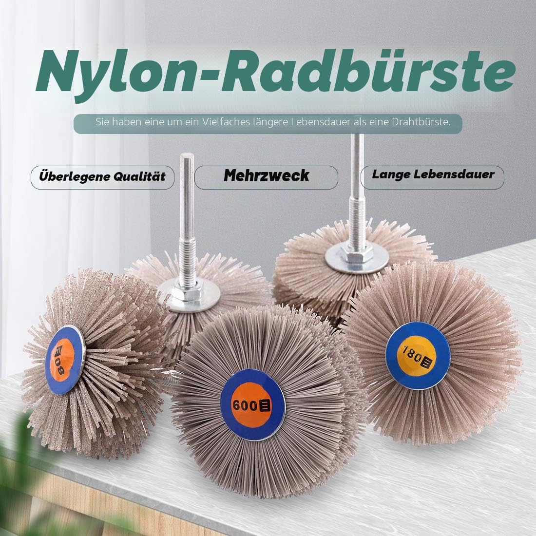 Swpeet 5 Stück 5 Größen 80# 180# 240# 320# 600# Nylon Radbürste Schleifkopf mit 6 mm Gewindeschaft Sortiment Kit Schleifmopp Schleifscheibe zum Polieren, Entfernen von Rost und Lackieren